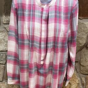 Vintage Gap Flannel Plaid Pleated Popover Blouse Women’s Medium Mauve Gray Cream